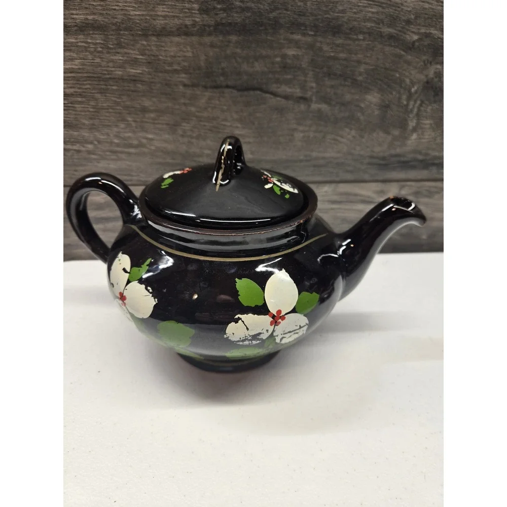 Vintage Black Ceramic Teapot Hand‎ Painted White Dogwood Floral Design with Lid